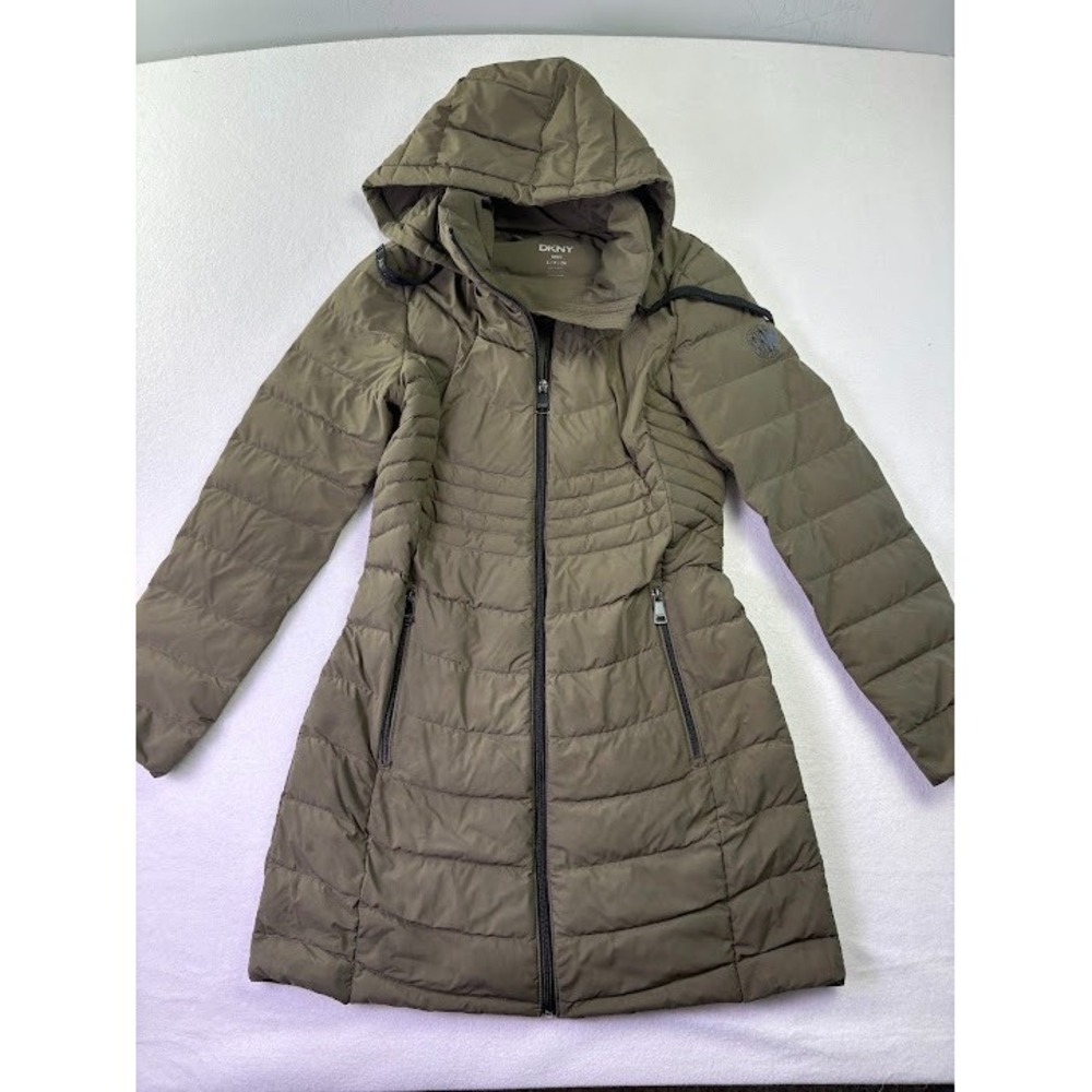 DKNY Donna Karan Down Quilted Womens‎ Hooded Full Zip Puffer Coat Jacket S
